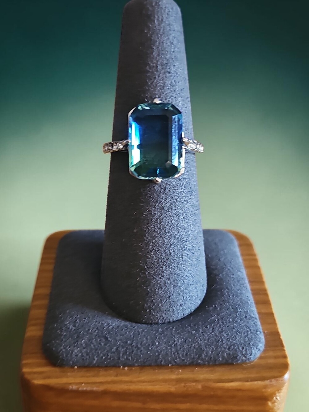 Sassified BIUBlue Emerald-Cut Gemstone Ring with Pavé Shoulders
